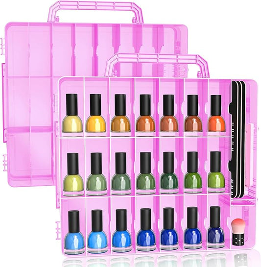 SUBAY 2 Pcs Portable Nail Polish Organizer, Clear Double Side Nail Polish Holder,Gel Nail Storage for 48 Bottles with 6 Adjustable Dividers in Each Side Space Saver Pink