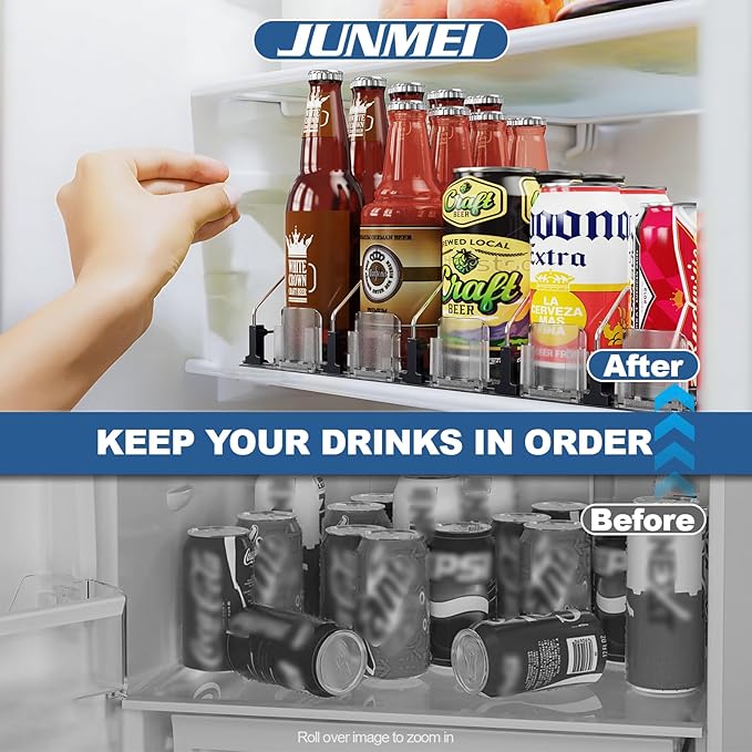 Drink Organizer for Fridge,12oz - Soda Can Dispenser for Refrigerator,Width Adjustable,Automatic Pusher Glide (White 10" D, 1ROW)