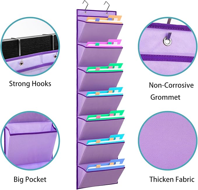 Wall Mounted File Holder Over Door Hanging Mail Organizer Document Storage Bag for Papers Magazines and Books (7 POCKETS-PURPLE)