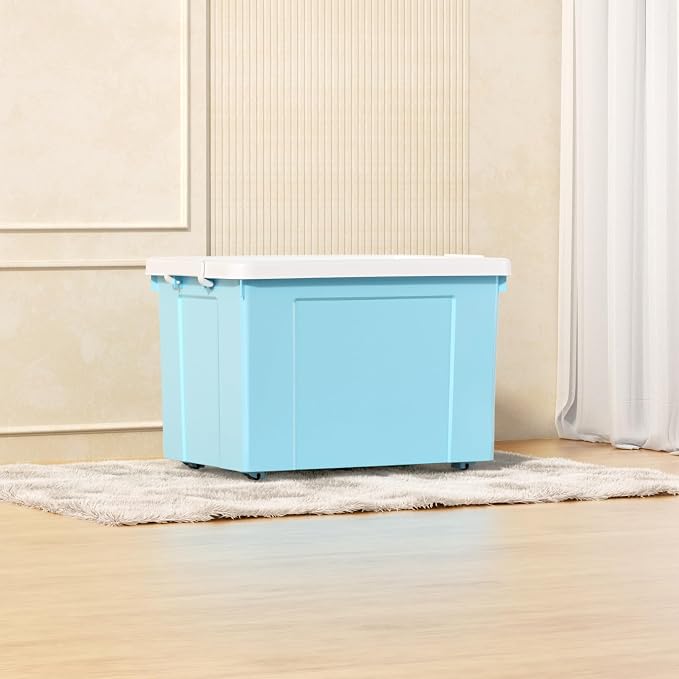 Cetomo Lidded Storage Bin with Handle, Tote Organizing Container with Wheels, Lid and Secure Latching Buckles, Stackable and Nestable, Plastic, 95 Quart-4 Pack, Blue