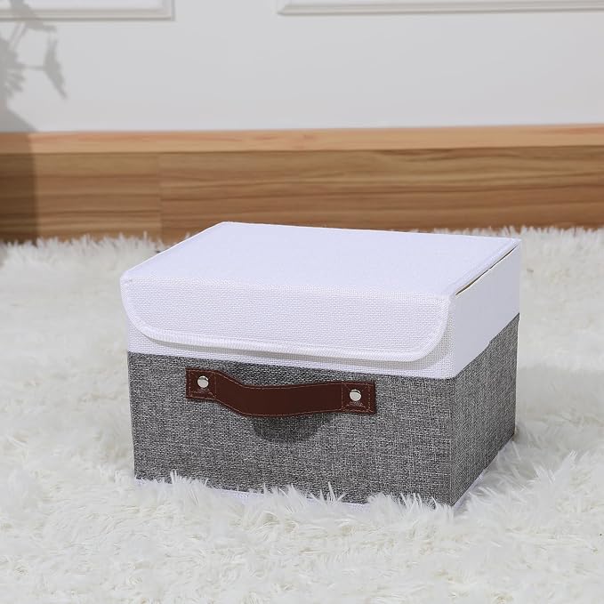 ANMINY Storage Boxes with Lids Washable Decorative Storage Bins Basket with PU Leather Handle Foldable Linen Fabric Storage Cubes Containers for Home Closet Organizer - Gray White, Small Size