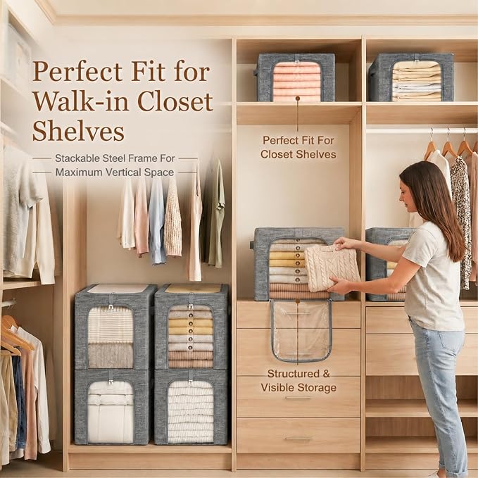 GoMaihe Clothes Storage Bin with Metal Frame: 6-Pack Stackable Closet Storage Bin with Lid & Clear Window, Sweater Boxes Storage for Closet Bedding Clothing Storage Organizer 40L