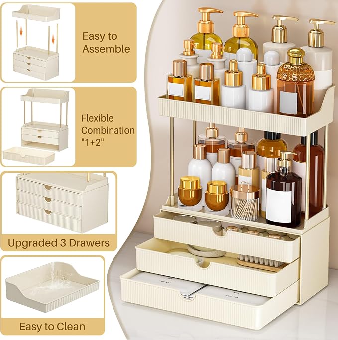caktraie Bathroom Organizers and Storage - 3 Drawers 2 Tier Makeup Organizer, Cosmetic Storage Drawer for Dresser Countertop and Bathroom Vanity for Large Skincare, Perfume, Cream White