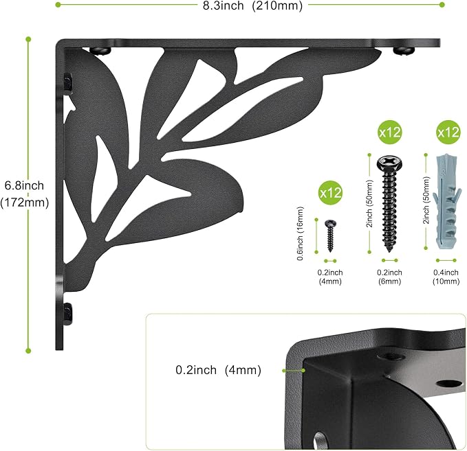 SELEWARE Heavy Duty Shelf Brackets 8 Inch, Branch Shelves Brackets, 300LB Capacity Decorative Metal L Brackets for Floating Shelves, Black Rustic Wall Mount Shelving Bracket with Screws, 4 Pack