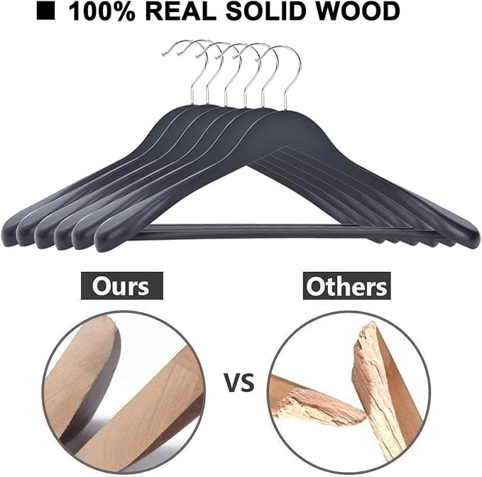 JS Hanger Wooden Suit Hangers, 6 Pack Extra-Wide Shoulder Wood Coat Hangers with Non Slip Pant Bar, Extra Smooth and Splinter Free Black Finish