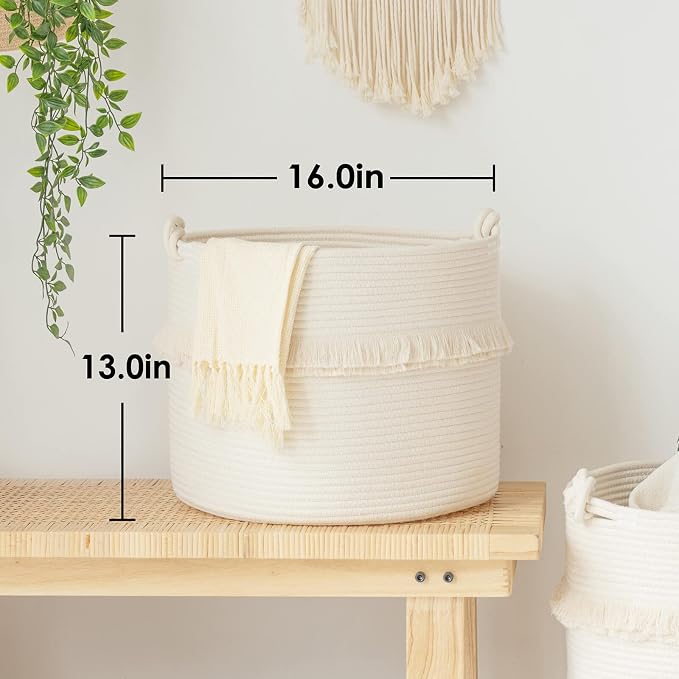 CherryNow Baby Laundry Basket, Cotton Rope Basket for Blankets & Toys, 45L | Compact Storage Basket for Organizing Bbay Clothes & Toys, Decorative Basket with Tassels, Perfect for Nursery Décor, White