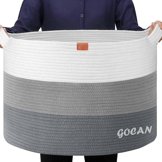 GOCAN Laundry Basket Cotton Rope Woven for Blankets Storage Basket with Handles for Living Room (Mixed Grey)