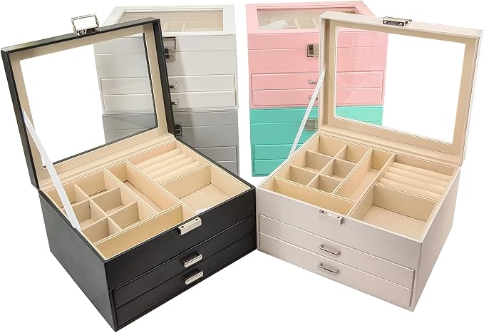BOOVO Clear Lid Jewelry Box,3 Layers Jewelry Organizer Large Jewelry Storage Box with 2 Drawers,Jewelry Holder Organzier of Rings Earrings Necklace Bracelets for Women (Black, 3 Layer)