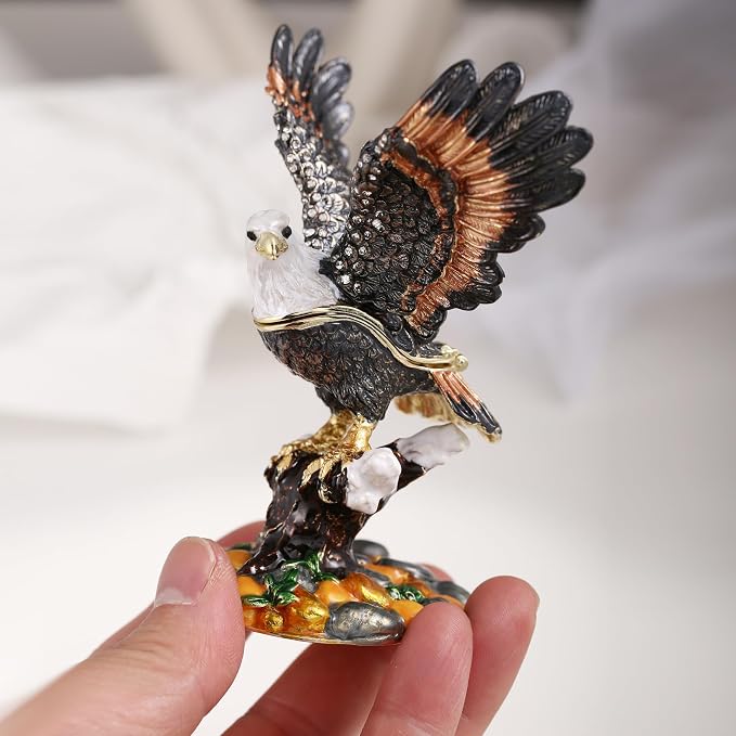 Hand Painted Animal Trinket Box for Home Decor, Hinged Jewelry Organizer Storage, Unique Personalized Collectible Keepsake Figurine Handmade Decorative Ornament Gifts (Eagle)