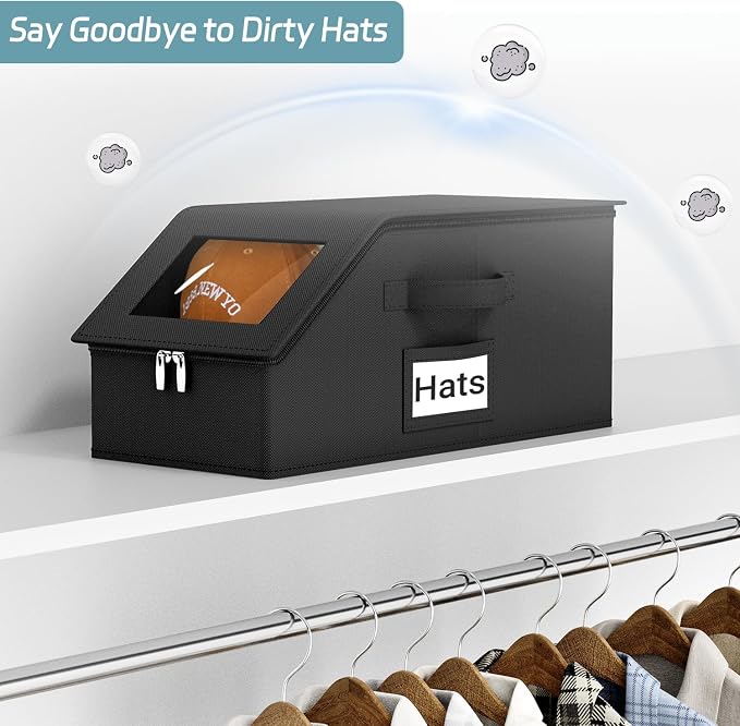 AOODA 2 PCS Stackable Hat Storage for Baseball Caps, Holds up to 24 Caps Hat Organizer for Closet, Sturdy Snapback Boxes for Men with Cardboard (Pure Black)
