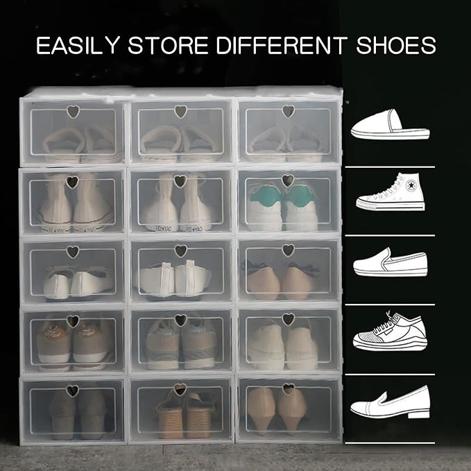 Shoe Storage Box, Foldable Shoe Organizer Boxes, White Plastic Closet Shoe Organizer with Transparent Cover, Free Standing Shoe Rack Easy Assembly Expandable for High Heels, Boots (20 Pair Shoes)