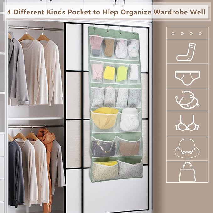18 Pockets Over the Door Organizer with 4 Kind Pockets,Behind Door Shoes Rack,Back of Closet Storage Organization for Socks,Hat,Underwear,Luggage Packing,Hanging Holder Shelf in Home Dorm,Travel,Green