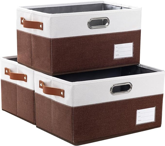 PRANDOM Foldable Storage Bins with Handles [3-Pack] Fabric Collapsible Storage Boxes Baskets Cubes Containers with Handles for Closet Living Room Bedroom (Brown & White 14.9x9.8x8.3'')
