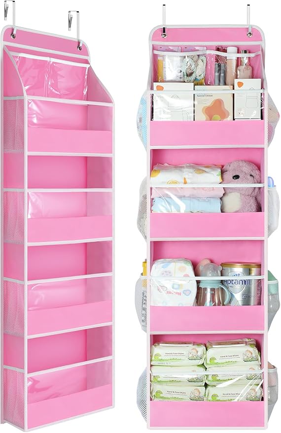 Yecaye 5 Tier Over the Door Organizer, Swing-proof Door Organizer Hanging with Clear PVC Windows, Behind the Door Storage for Bedroom Nursery Closet Laundry Pantry Bathroom, Pink