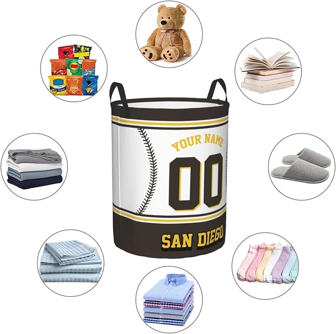 Custom San Diego Laundry Hamper Personalized Laundry Basket Customized Name And Number Collapsible Storage Basket for Bedroom Bathroom Living Room Baseball Fan Gifts