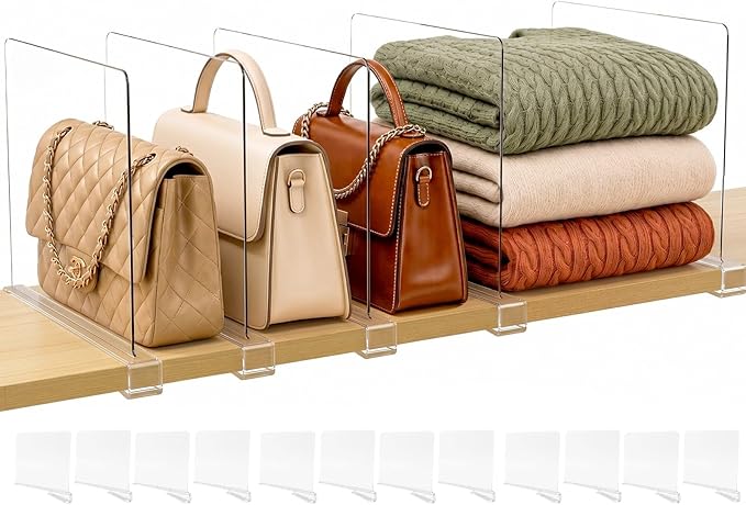 SortNStore Shelf Dividers Purse Organizer for Closet: 12-Pack Acrylic Bag Storage Organizer for Handbags, Clutches, Clothes, Sweater, Towel on Wood Shelves