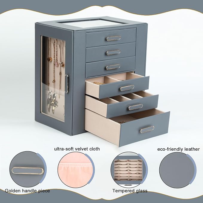 BOOVO Clear Lid Jewelry Box,6 Layers Jewelry Organizer Large Jewelry Storage Box with 6 Drawers,Jewelry Holder Organzier of Rings Earrings Necklace Bracelets for Women (Grey, 6 Layer)