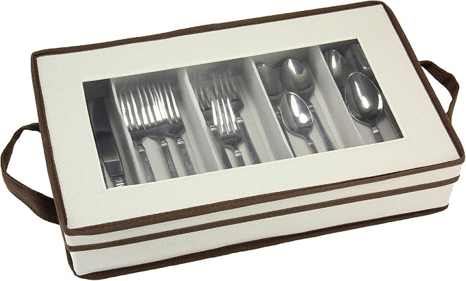 Household Essentials Cream Canvas Flatware Chest with Brown Trim