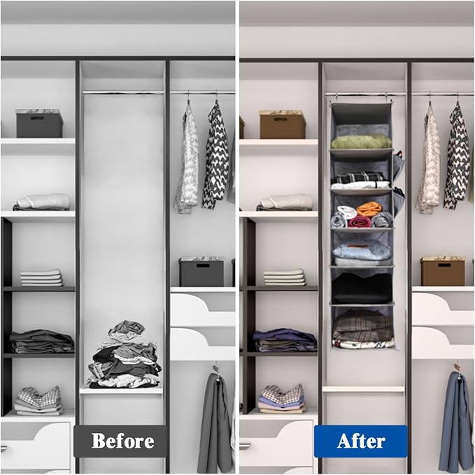 2 Packs Hanging Closet Organizer, 6-Shelf Closet Organizers and Storage with Side Pockets, Collapsible Hanging Shelves for Closet & RV & College Dorm,Grey