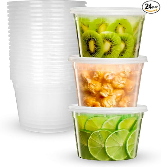 Deli Plastic Storage Containers with Lids [24 Sets] 16 Oz - Reusable Food Containers for Home & Business - Microwave & Freezer friendly - Dishwasher safe - Secure & Tight fitting Covers