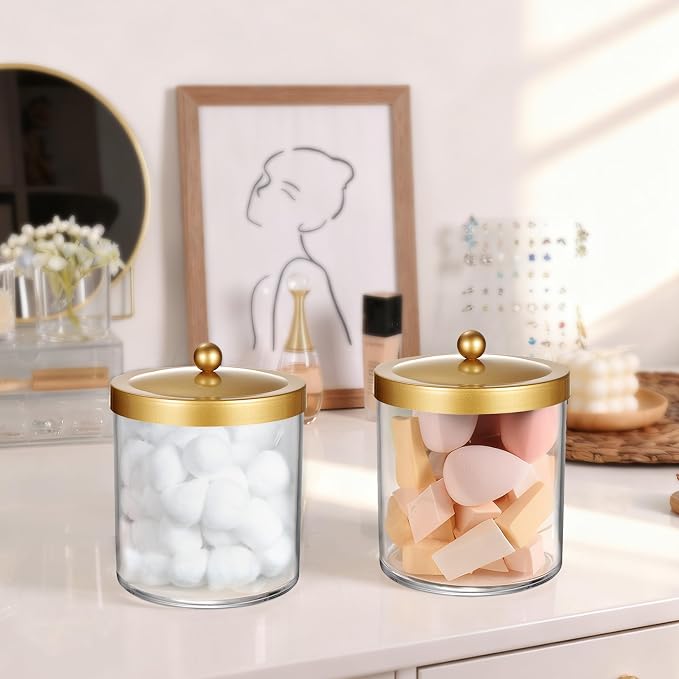 Amolliar 50 Oz Apothecary Jar - Clear Container with Stainless Steel Lid, Plastic Jar for Laundry Room Organization & Pods Storage, Bathroom Vanity Organizer, Kitchen Countertop Cantainer (Gold)
