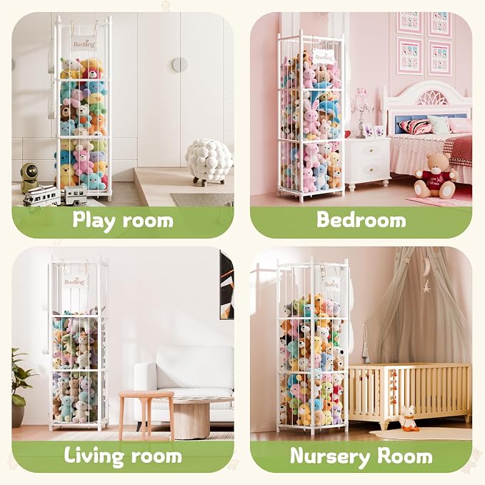 Stuffed Animal Storage & Organizer, 54 inch Tall Wooden Cute Zoo Toy Holder w/Building Block Storage Bag, Premium Wooden Material with Elastic Cord For Toddler Rooms, Playrooms (White, Large)