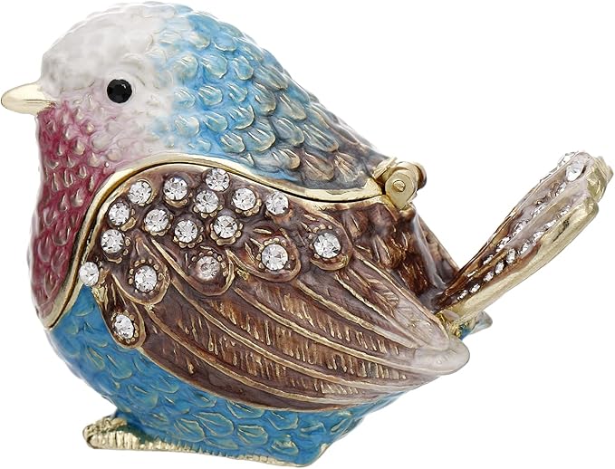 Hand Painted Enamel Robin Bird Trinket Box for Home Decor, Hinged Jewelry Organizer for Ring Earrings, Unique Figurine Keepsake Collectible Personalized Elegant Handmade Ornament Gifts (Blue Sparrow)