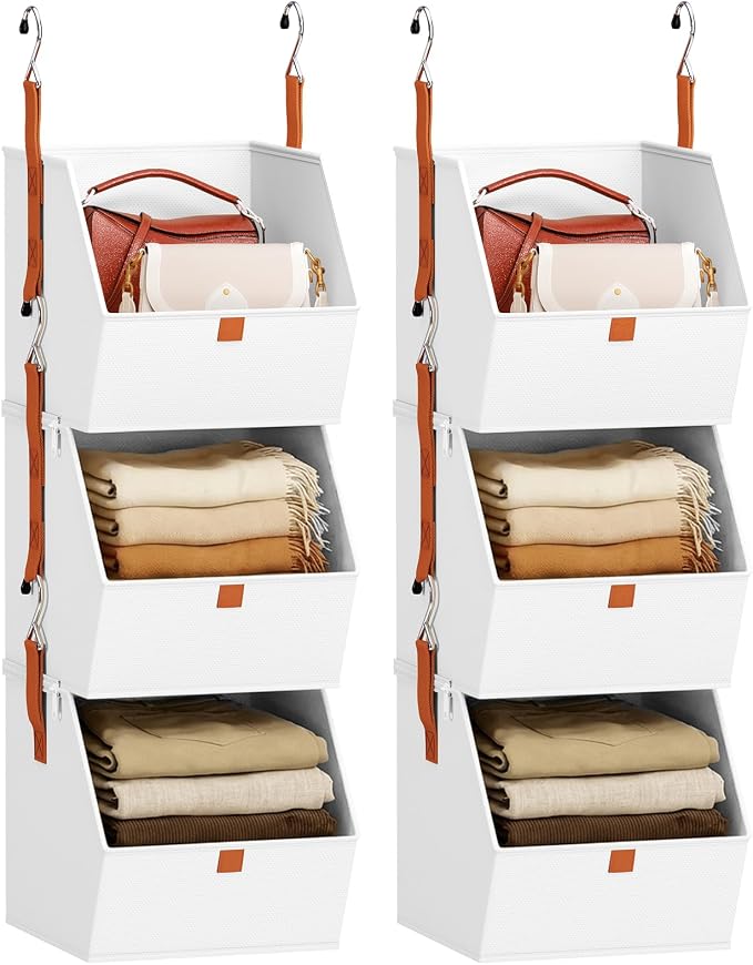 Homsorout Collapsible Hanging Closet Organizer - 6 Tier Closet Shelves Storage System with Hooks, Fabric Hanging Storage Bins for Clothes, Foldable Storage Basket for Laundry, Bedroom, Rv, White