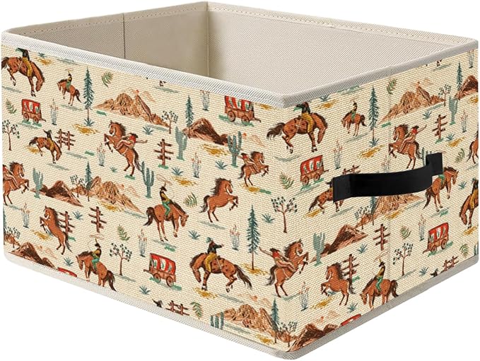 Boho Western Cowboy Storage Bin Box with Handles, Neutral Beige Desert Cactus Horse Foldable Organizer Basket Toybox for Home Kids Bedroom Bathroom Clothes Toys Books
