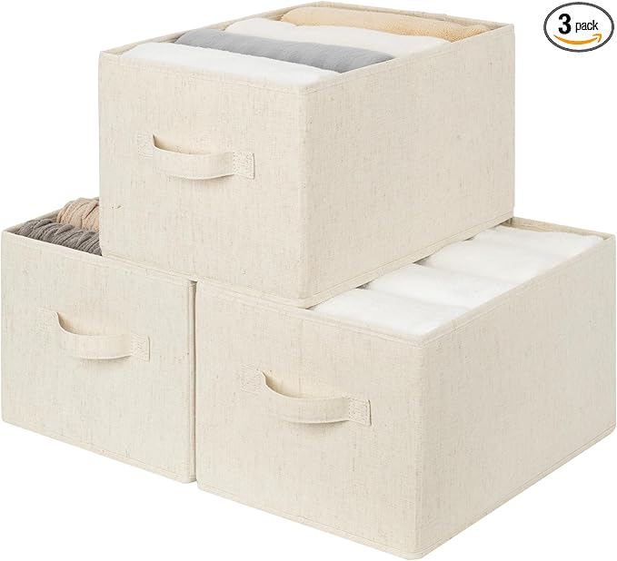 StorageWorks Storage Baskets for Shelves, Fabric Storage Bins, Closet Organization and Storage Basket, Organizer Bins for Clothes, Beige (NaturWeave Fabric), 3-Pack, Large