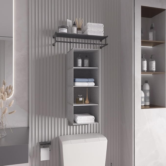 Hanging Closet Organizer 4-Shelf, Oxford Linen Wardrobe Storage, Gray | Easy-mount foldable design holds clothes, handbags, shoes & accessories; washable Oxford fabric, sturdy and space-saving.