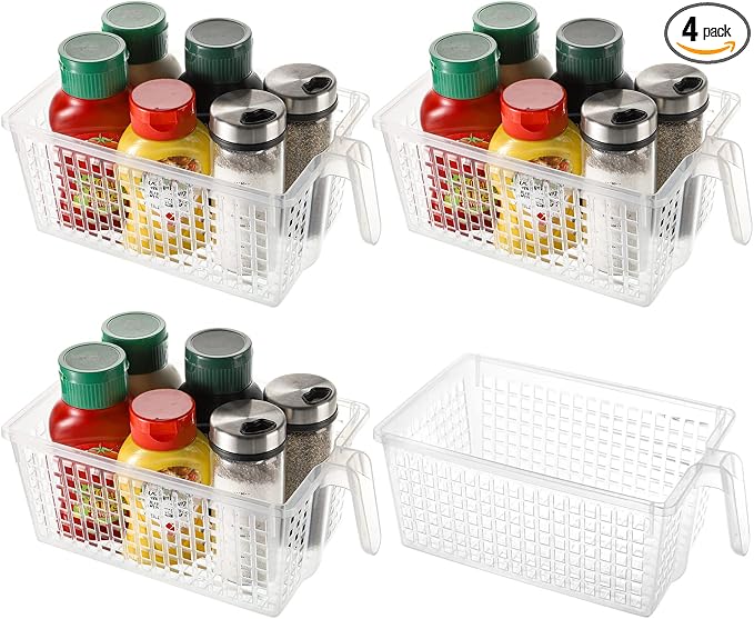 Hedume 4 Pack Plastic Storage Bins with Handle, BPA-Free Kitchen Pantry Cabinet Refrigerator Food Storage Organizer for Snacks, Food, Produce, Pasta