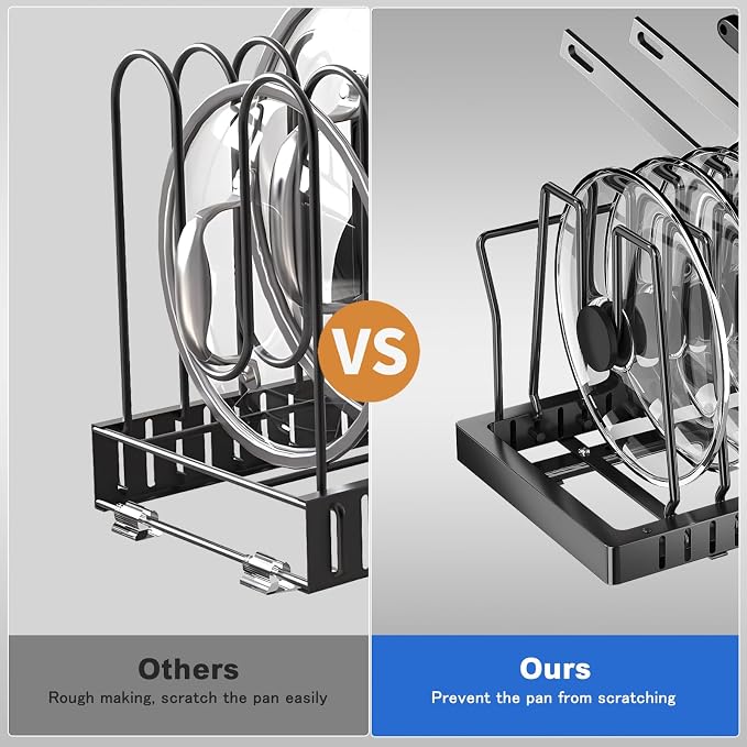 Mustorn 2 Pack Pots and Pans Organizer Under Cabinet, 21.6" Deep Pull Out Pot Lid Organizer Holder with Guardrail Adhesive Pot and Pan Holder Rack with 10 Adjustable Dividers(Black)