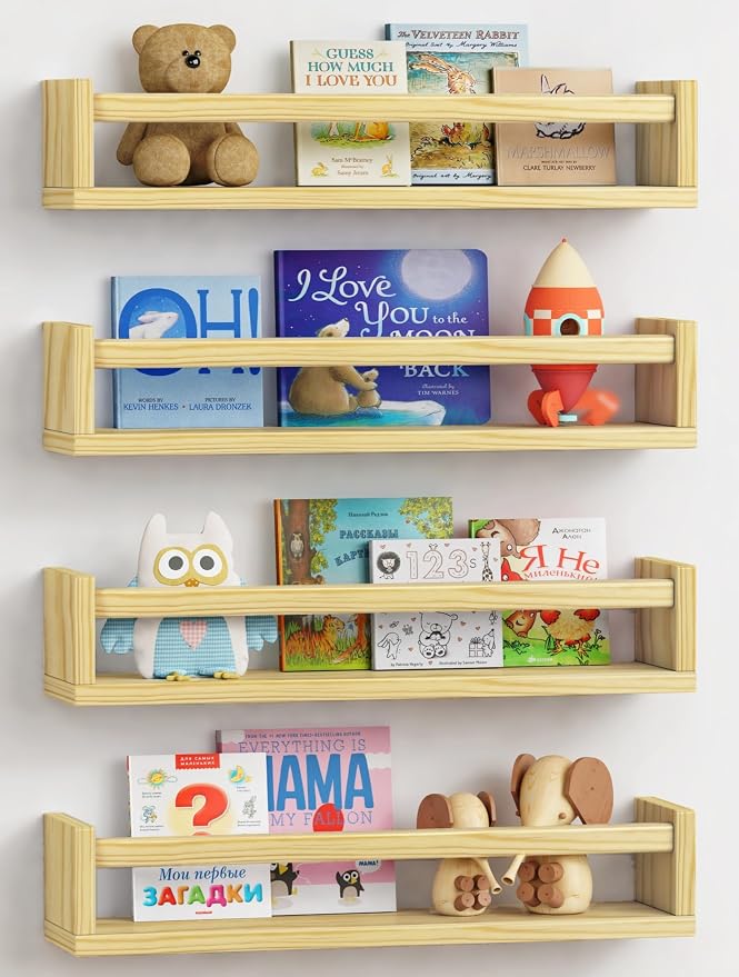 Forbena Natural Wood Nursery Book Shelves Wall Mounted, Floating Bookshelf for Kids Room, Baby Toys and Books Storage Organizer Bookshelves for Toddler Child Bedroom Bathroom (4 Pack Light Wood)
