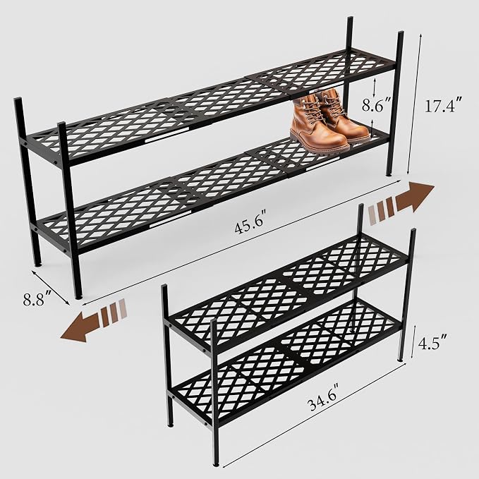 Shoe Rack, 45.6" Expandable Shoes Storage Metal Shoe Shelf Stand 2-Tier Stackable Boot Organizer for Closet, Entryway, Garage, Bedroom, Door Entrance, Black
