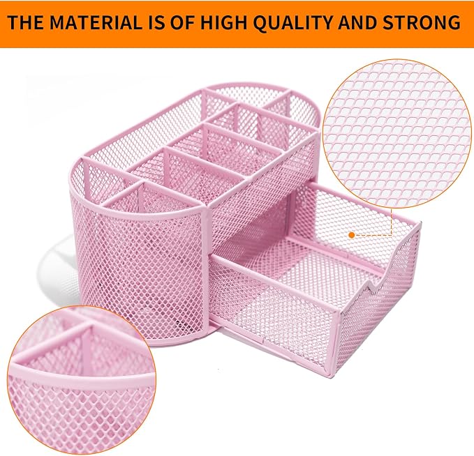 Newkita Desktop Organizer with Pencil Pen Holder and Accessories Offering 8 Compartments and 1 Drawer for Home, School and Office. (Cherry Blossom Pink)