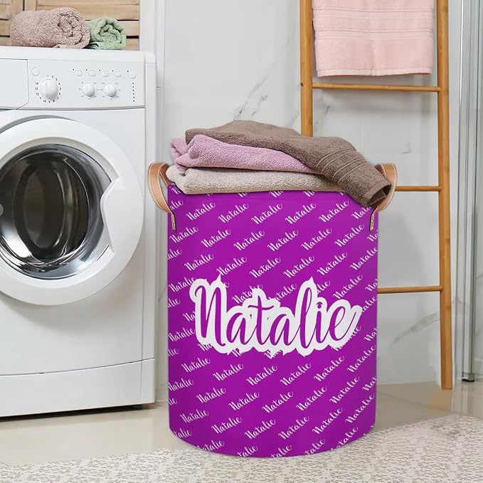 Personalized Laundry Basket, Custom Gift Laundry Hamper, Collapsible Nursery Waterproof Laundry Baskets, Dirty Clothes Toy Hamper with Handles Name Purple