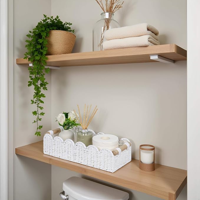 CubesLand Bathroom Basket Organizer, Toilet Tank Paper Storage Baskets 2-Pack, Scalloped Decorative Basket for Countertop w/Handle, Wicker Basket for Bathroom Decor, Home Decor, Living Room, White
