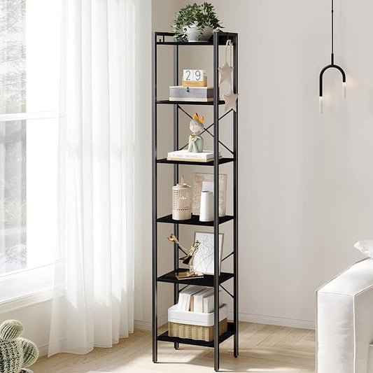 Hzuaneri Bookshelf, Book Shelf, Industrial Bookcase with 2 Hooks, Coner Shelf Storage Organizer for Home Office, Living Room, Bedroom, Kitchen, 6-Tier Black BC10704B