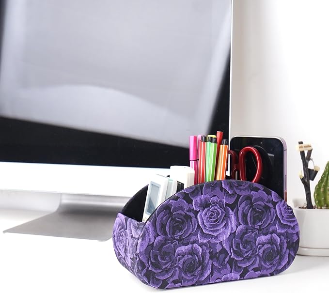 Remote Control Holder, PU Leather Remote Caddy Desktop Organizer with 5 Spacious Compartments for TV Remotes/Media Controllers/Office Supplies (1-3D Rose Purple