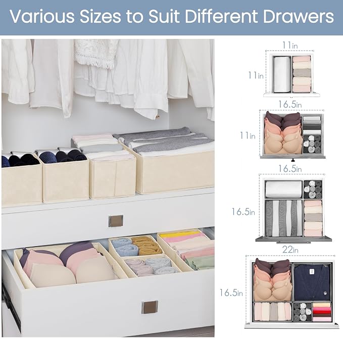 Criusia Drawer Organizer Clothes, 24 Pack Underwear Drawer Organizers, Foldable Closet Organizers and Storage Dresser Drawer Dividers Clothing Organizer for Clothes, Socks, Scarves, Bra, Ties (Beige)