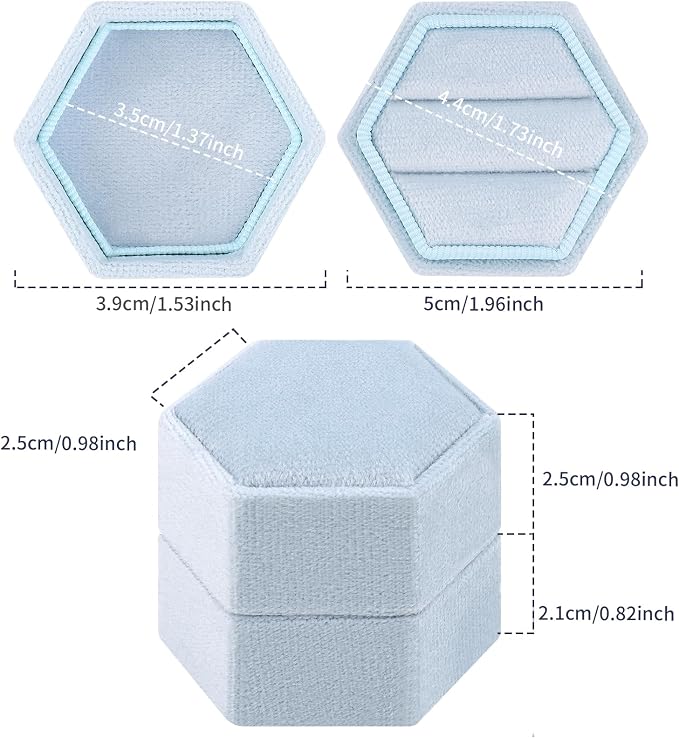 DesignSter Velvet Ring Box Hexagon - Premium Gorgeous Vintage Double Ring Display Holder with Detachable Lid for Proposal, Engagement, Wedding, Ceremony (Light Blue)