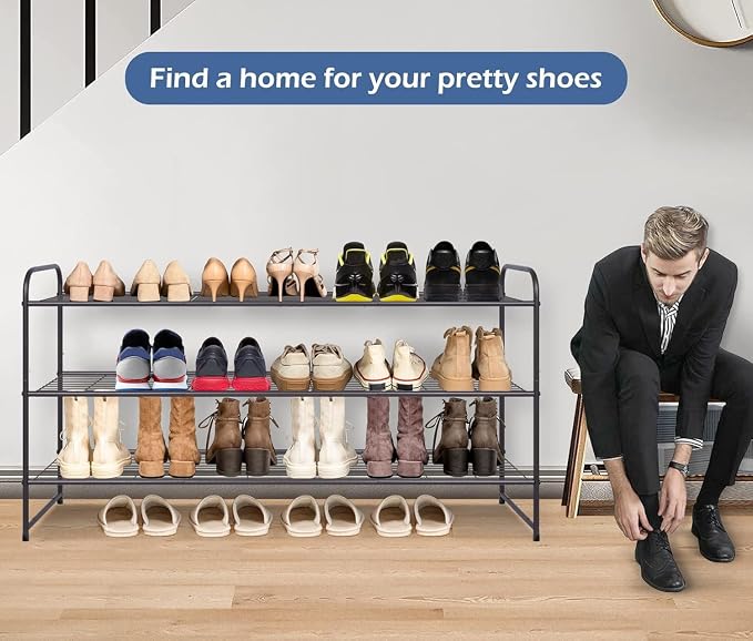 KEETDY Long 3 Tier Shoe Rack for Closet Wide Shoe Storage Organizer Stackable Metal Shoe Shelf for 24 Pairs Men Sneakers with Wire Grid for Closet Floor, Bedroom, Entryway, Bronze