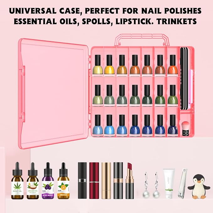 SUBAY 2 Pcs Portable Nail Polish Organizer, Clear Double Side Nail Polish Holder,Gel Nail Storage for 48 Bottles with 6 Adjustable Dividers in Each Side Space Saver Red