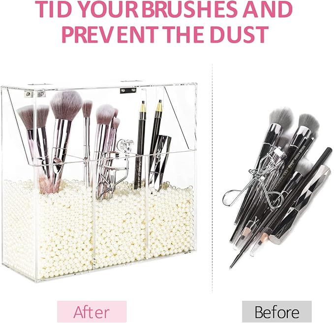 YestBuy Clear Makeup Brush Holder, Acrylic Makeup Brush Organizer For Vanity, Cosmetic Brush Storage Box with Pearls, For Bathroom, Bedroom, Vanity Countertop