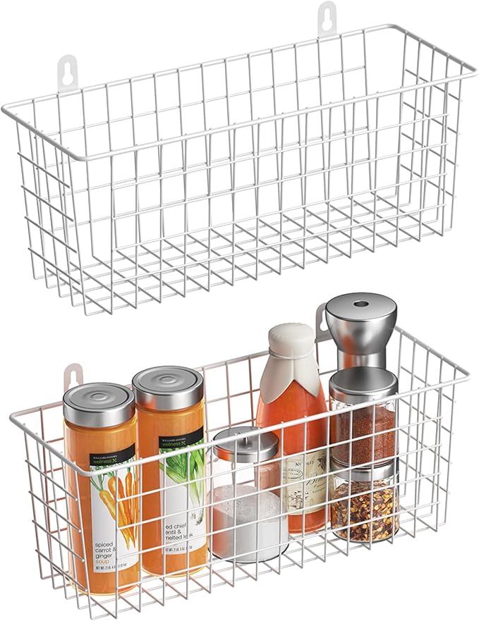 MaraFansie [Extra Large Wire Basket 2-Pack Hanging Wall Organizer Cabinet Storage Basket Wall Mounted Shelves Rustic Farmhouse Decor for Home Kitchen Bathroom, White