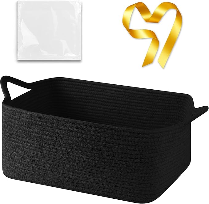 OIASKET Large Empty Cotton Rope Gift Basket with Handles, 16.5"x12.6"x7" Decorative Woven Storage Basket with Gift Bag and Ribbon Set for Baby Shower, Toy Organizer for Kids, Dogs & Cats - Black