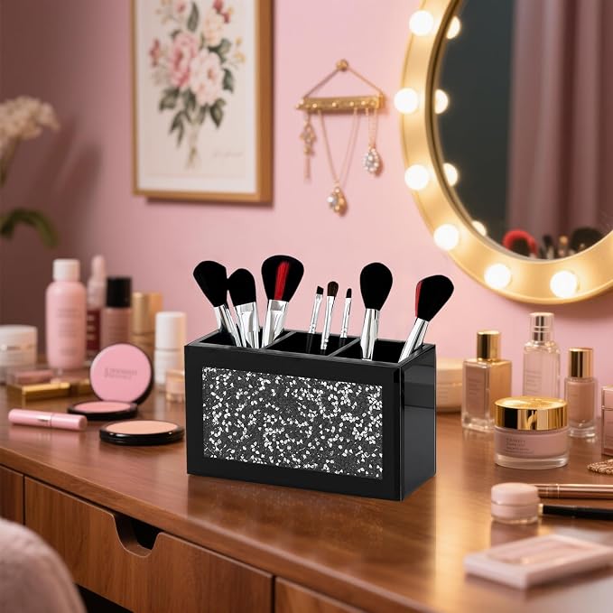 SHYFOY Black Makeup Brush Holder Organizer, 3 Slots Glass Cosmetic Brushes Storage with Crushed Diamond, Pencil Pen Holder for Desk, Desk Organizer and Accessories for Vanity