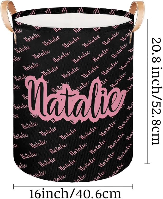Personalized Laundry Basket, Custom Gift Laundry Hamper, Collapsible Nursery Waterproof Laundry Baskets, Dirty Clothes Toy Hamper with Handles Name Pink Black