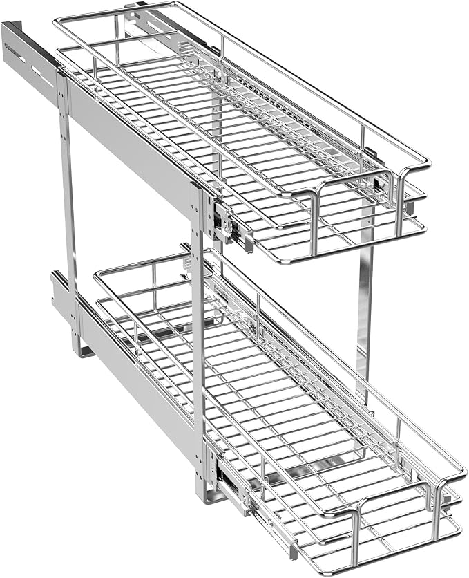 ROOMTEC Pull Out Cabinet Organizer (5½"W x 21½"D),2 Tier Pull Out Storage Shelf Drawer Basket,Sliding Shelves for Base Cabinet Organization in Kitchen, Bathroom, Pantry